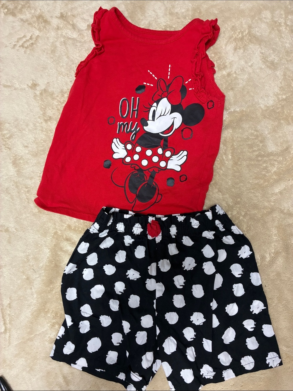 Disney Red Minnie Mouse Ruffle-Sleeve Pajama Set with Black Polka Dot Shorts